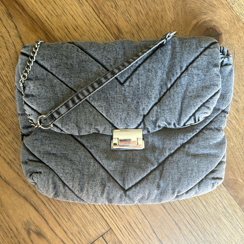 Zara Quilted denim shoulder bag in acid wash black denim